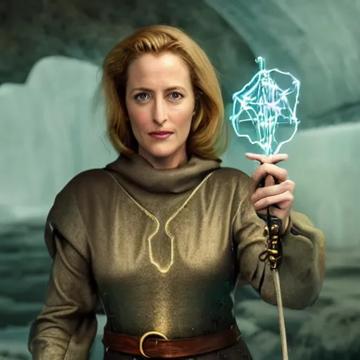 Prompt: Gillian Anderson wearing medieval tunic, holding a small glowing magical wand with electrical bolts emitting from it. In a cave made of ice. Trending on Artstation, octane render, ultra detailed, art by Ross tran