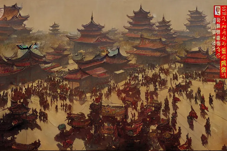 Image similar to tang dynasty city, painting by gaston bussiere, craig mullins, j. c. leyendecker, tom of finland