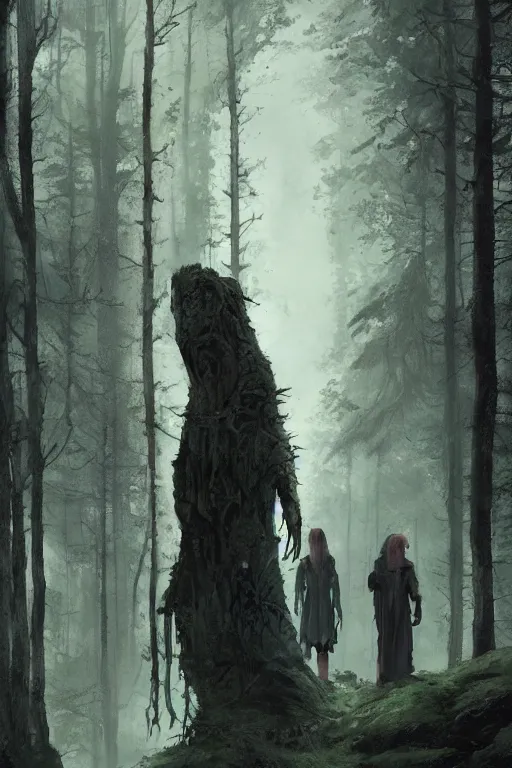 Image similar to A gang of frankensteins in the forest, horror, illustrated by Greg Rutkowski and Caspar David Friedrich., Trending on artstation, artstationHD, artstationHQ, 4k, 8k