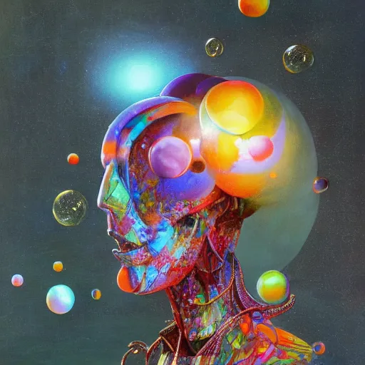 Image similar to surreal gouache painting, yoshitaka amano, ruan jia, conrad roset, kilian eng, balls, bubbles, orbs, spheres, incredibly detailed, of floating molecules and a mannequin artist holding an icosahedron with stars, clouds, and rainbows in the background, retrowave, modular patterned mechanical costume headpiece, artstation