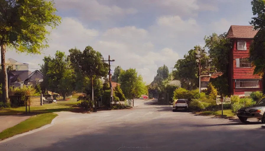 Image similar to a painting of a suburban street by jama jurabaev, cinematic shot, trending on artstation, high quality, ultra realistic