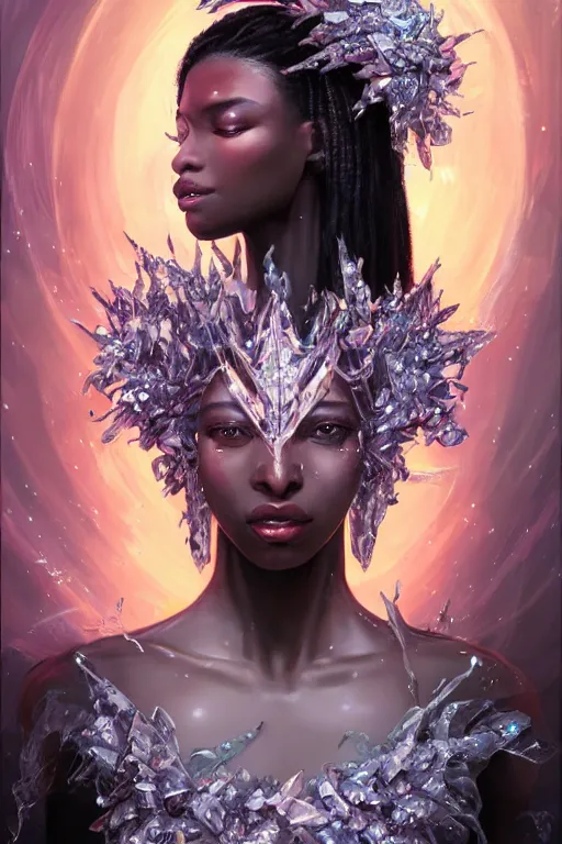 Prompt: beautiful black model wearing crystal crown full of jewels, cyberpunk, 3 d render, hyper realistic detailed portrait, holding ice flowers, scifi, fantasy, hyper detailed, octane render, concept art, peter mohrbacher, artgerm, ruan jia, wlop