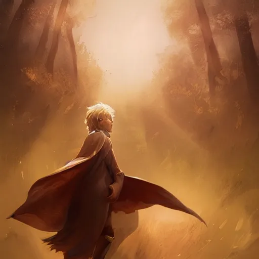 Image similar to blonde boy with golden eyes wearing a brown cape and flying in t pose, energy background, brush strokes, greg rutkowski