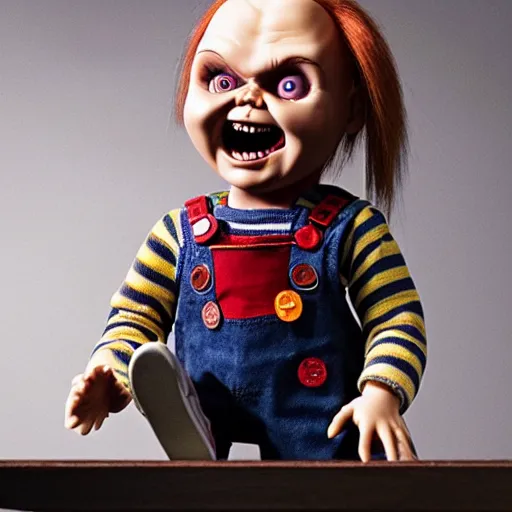 Prompt: chucky the killer doll on standing on a work bench table