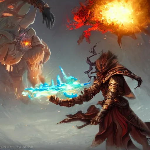 Image similar to Pyromancer fighting the Cryomancer, Epic Fantasy Illustration by Tony Sart, Trending on artstation