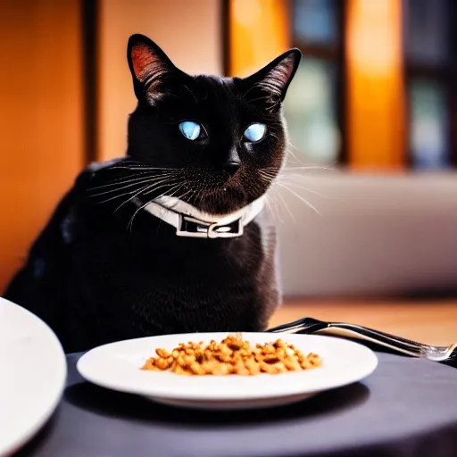 Image similar to A photo of a cat wearing a suit sitting in a fancy and expensive gourmet restaurant and eating a plate of cat food. f/2.8, dim lighting, award winning photo