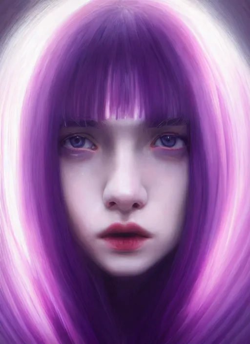 Image similar to hair whitebangs hair, black hair, whitebangs, portrait of teenage girl with white bangs, red irises, purple clothes, white bangs, bangs are different color from hair, intricate, elegant, glowing lights, highly detailed, digital painting, artstation, concept art, smooth, sharp focus, illustration, art by wlop, mars ravelo and greg rutkowski