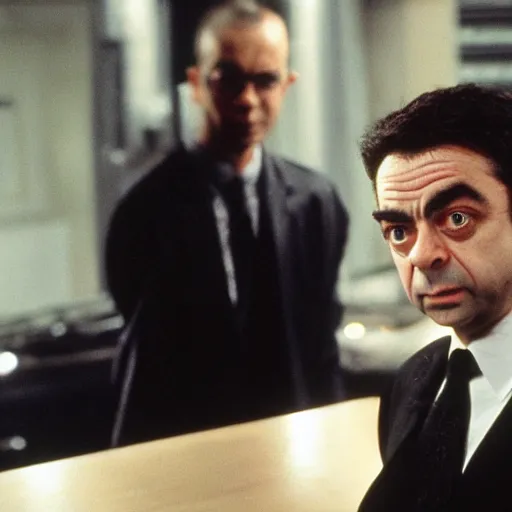 Prompt: rowan atkinson as agent smith from the matrix