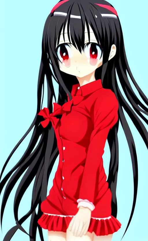 Image similar to anime girl with a detailed face and black hair in a red outfit, full body, trending, illustration