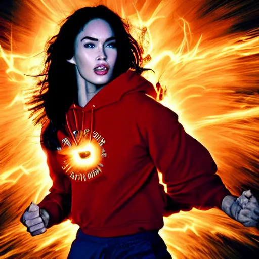 Prompt: face photo of megan fox as super saiyan as goku powering up wearing hoodie electric energy dramatic lighting by annie leibovitz