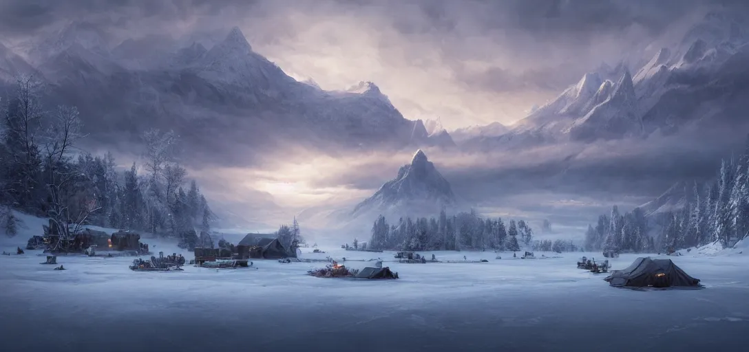 Image similar to beautiful render of a winter landscape, unreal engine, first light, majestic mountains, frozen lake, snow, dramatic clouds, encampment, soft light, by greg rutkowski, cgsociety