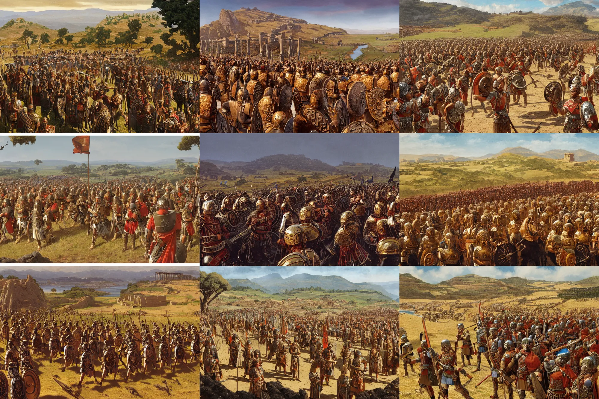 Prompt: Wide shot of distant battle of Cannae 216 BCE, with republic-era Roman soldiers in formations, Carthaginian phalanxes in formations, overlooking river Aufidius Italy, intricate, elegant, highly detailed, Richard Brooks, Angus McBride, WLOP, artstation