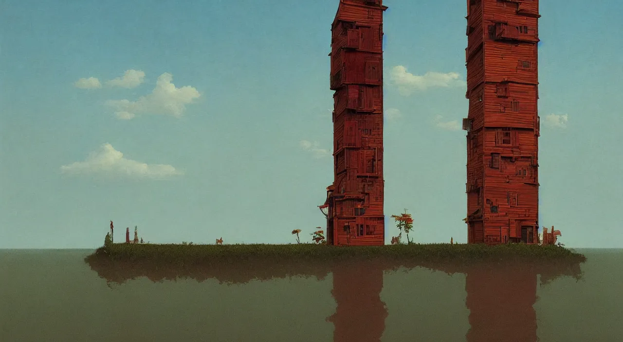 Image similar to single flooded simple wooden tower, very coherent and colorful high contrast!! masterpiece by rene magritte simon stalenhag carl spitzweg syd mead norman rockwell edward hopper james gilleard, minimalist, dark shadows, sunny day, hard lighting