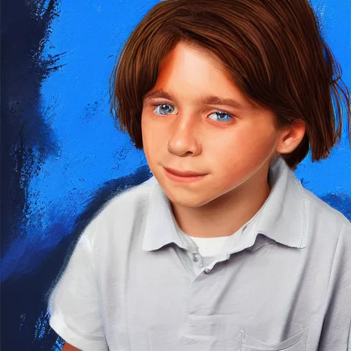 Image similar to portrait of a boy with long fluffy brown hair. blue background. large brush strokes, digital art, procreate