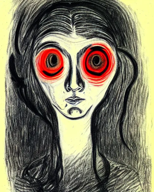 Image similar to scary portrait of a young female with glowing eyes, drawing by Edvard Munch