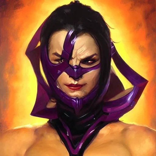 Image similar to greg manchess portrait painting of mileena from mortal kombat wearing a halfmask covering her mouth as overwatch character, medium shot, asymmetrical, profile picture, organic painting, sunny day, matte painting, bold shapes, hard edges, street art, trending on artstation, by huang guangjian and gil elvgren and sachin teng