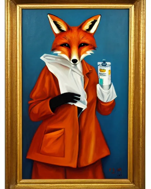 Image similar to oil painting portrait of anthropomorphic female fox animal dressed in labcoat, surgical mask covering mouth, holding syringe, fox animal, hospital in background, oil painting,