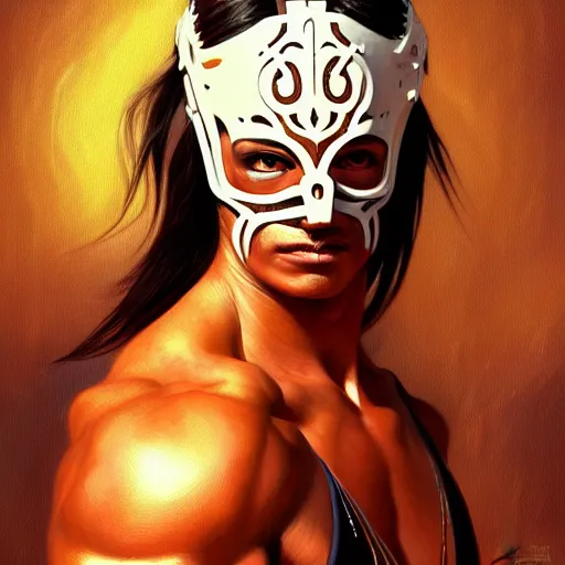 Image similar to portrait of lucha libre dj, muscular, fantasy, intricate, elegant, highly detailed, digital painting, artstation, concept art, smooth, sharp focus, illustration, art by artgerm and greg rutkowski and alphonse mucha