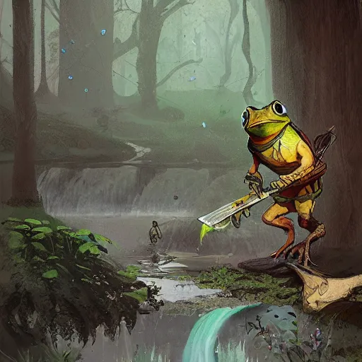 Image similar to concept art of a frog warrior battling a squirrel warrior near a stream, by ismail inceoglu,