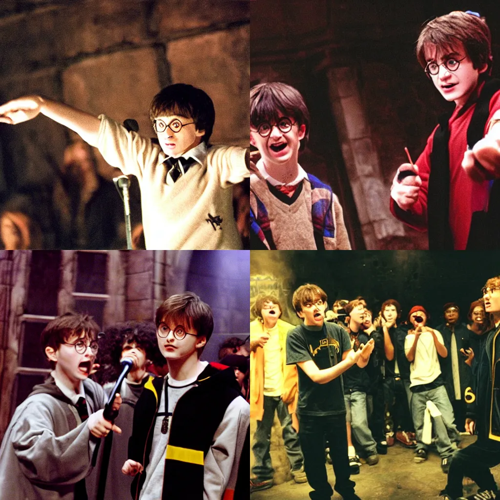 Prompt: actual photo of Harry Potter(2001) on stage in an underground rap battle somewhere in New York, photograph
