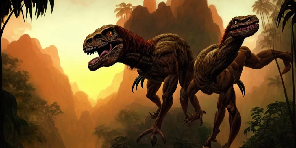 Image similar to a muscular caveman, heroic pose, with a velociraptor, in the jungle, sunset, volumetric light,, eerie, highly detailed, digital painting, artstation, concept art, matte, sharp focus, illustration, art by artgerm and greg rutkowski and alphonse mucha