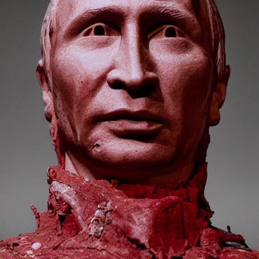 Image similar to carved sculpture of putin, stained with blood, photo as shot by steve mccurry