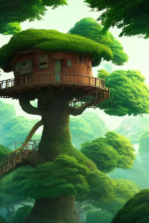 Image similar to treehouse, studio ghibli, octane render, 4 k