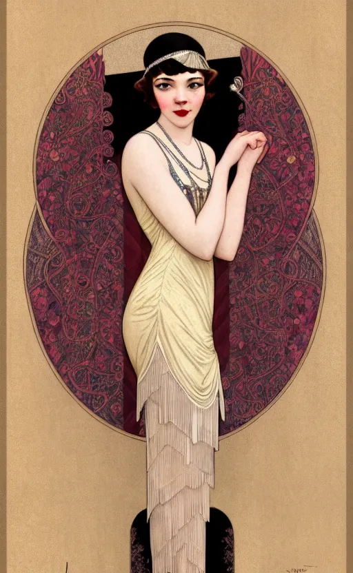 Prompt: flapper girl anya taylor-joy, beth harmon, gina gray, casey cooke, traditional corsican, intricate, highly detailed, artstation, illustration, jurgens, rutkowski, bouguereau, mucha, roaring 20s, 1920s gaudy color, flapper dress