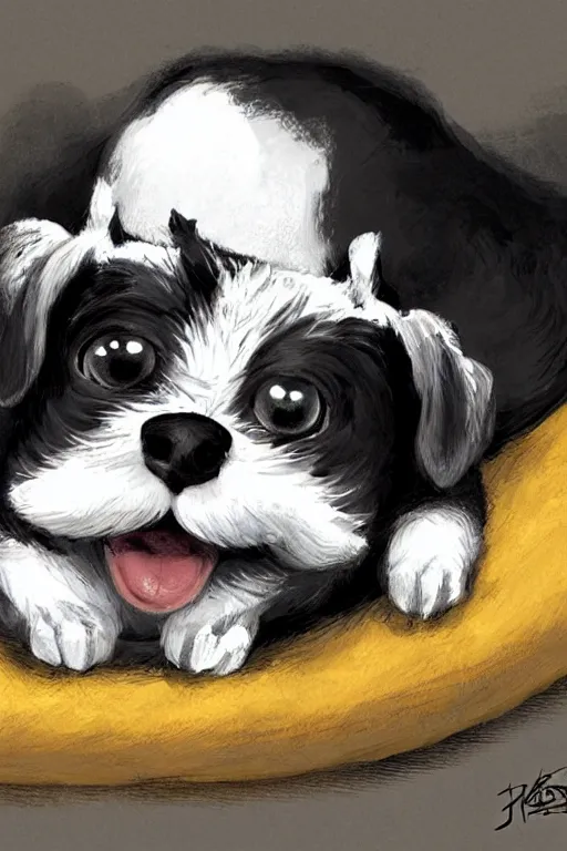 Prompt: cute jack black and white russel terrier laying on dog bed, large round eyes, concept art, game art, character design, fantasy illustration, sketch by cory loftis and bill schwab