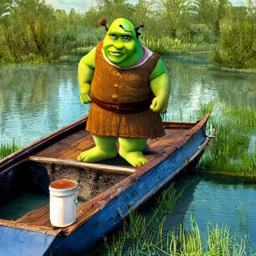 Image similar to shrek on a boat in a swamp