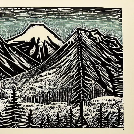 Prompt: intricate, highly detailed, Linocut Art on paper of snow capped canadian mountains, with a forest. Epic Latin American Linocut Art, grababo mexicano.