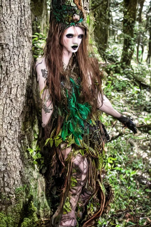 Image similar to fantasy mystical forestfolk cyberpunk dryad fashion zine photography