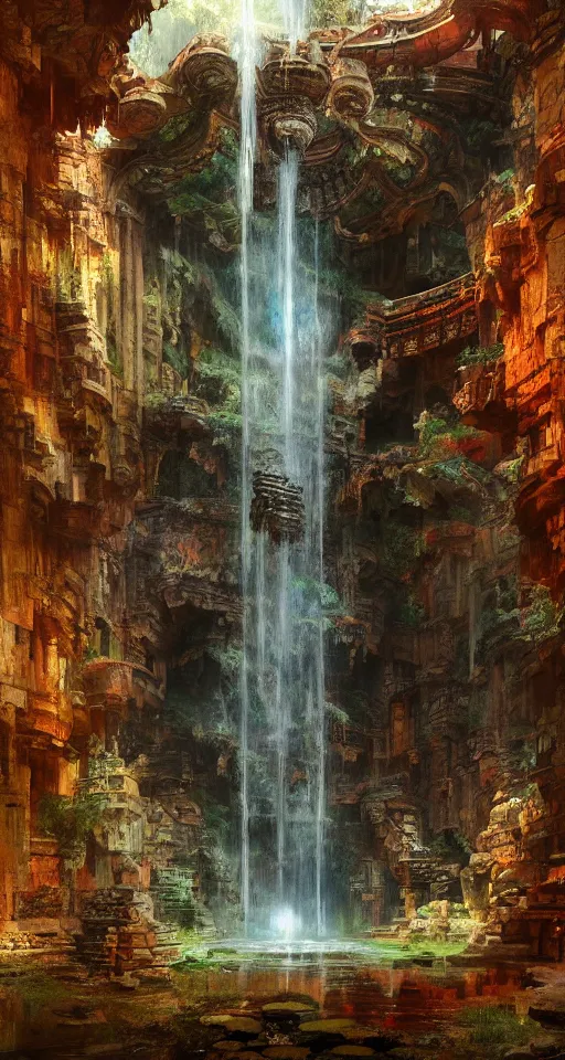 Image similar to ancient temple ruins interior, waterfall, intricate, elegant, vivid colors, highly detailed, john park, craig mullins, sparth, ruan jia, jeffrey catherine jones