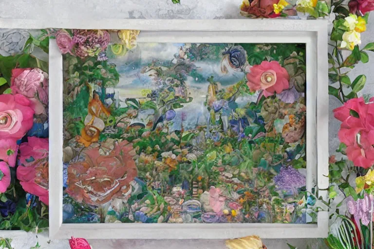 Prompt: framed photo of a super detailed color art, a lot of small garden flowers, A multiverse of vegetables, fruits and blueberries, unreal engine, wes anderson and Moebius color palette, 3d render, colorful, digital art