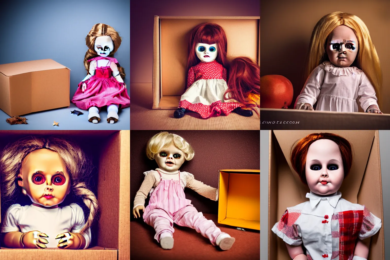 Image similar to the creepy doll in the box asking if you will fix it a snack too while you are up, studio lighting, warm colors