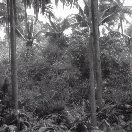 Image similar to a rizom lost film footage of a ( ( ( ( ( sphere ) ) ) ) ) in the middle of the tropical jungle / tribalism / film still / cinematic / enhanced / 1 9 2 0 s / black and white / grain