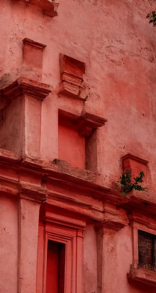 Image similar to pastel red ancient spanish architecture, clear sky, beautiful, minimalistic, aesthetic, two tone, photorealistic