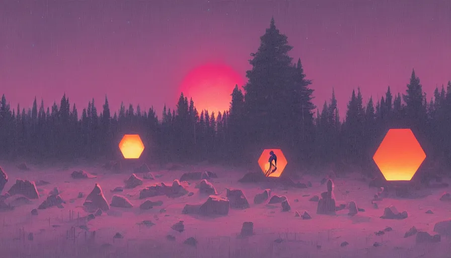 Image similar to hexagon in front of the sun, at sunset, forest in the foreground, simon stalenhag