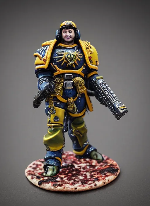 Prompt: 8 0 mm resin detailed miniature of a warhammer 4 0 k space marine holding pizza and beer, product introduction photos, 4 k, full body,