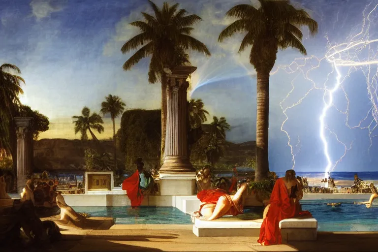 Image similar to mediterranean balustrade and columns, refracted lightnings on the ocean, thunderstorm, fountain, greek pool, beach and Tropical vegetation on the background major arcana sky and occult symbols, by paul delaroche, hyperrealistic 4k uhd, award-winning, very detailed paradise