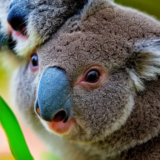 Image similar to award winning nature photograph of a koala with a beak. the beak is a parrot's beak. focus on the beak. extreme detail, hyperrealistic photo, smooth, trending on artstation