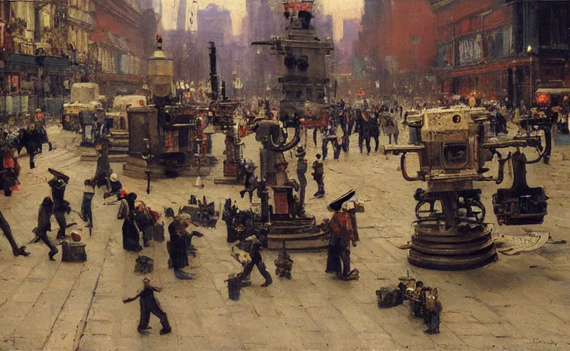 Image similar to high quality high detail painting by ilya repin, robots taking over the city, hd