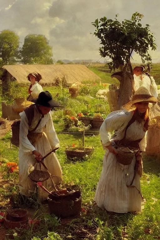 Image similar to simple amish farmers tending to their cottage vegetable gardens, art by anders zorn, wonderful masterpiece by greg rutkowski, beautiful cinematic light, american romanticism thomas lawrence, greg rutkowski