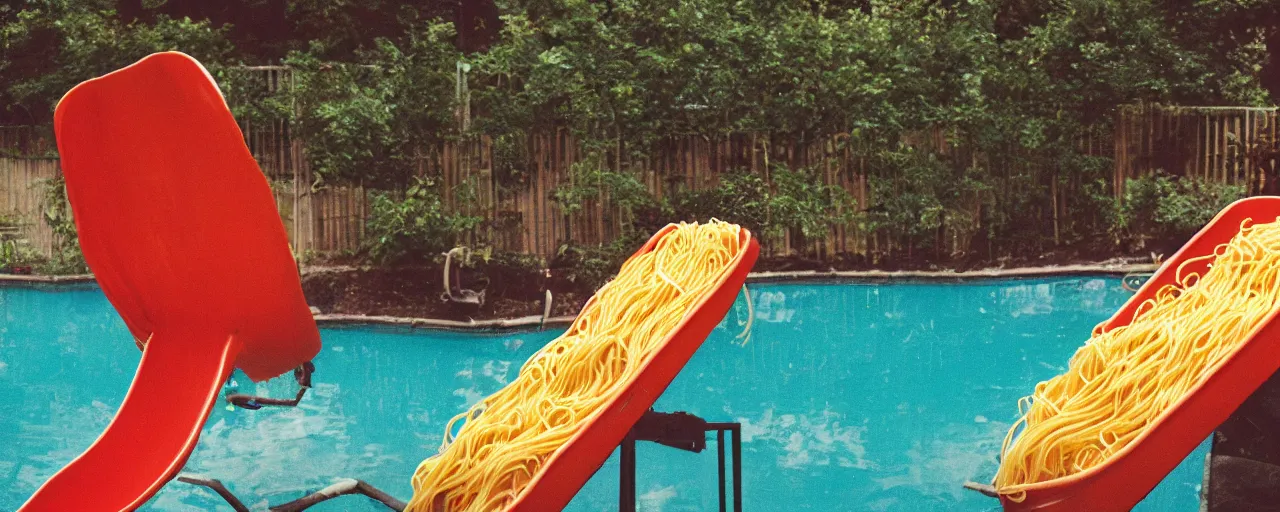 Prompt: a pool filled with spaghetti, marinara sauce coming down a slide, party, canon 5 0 mm, cinematic lighting, photography, retro, film, kodachrome