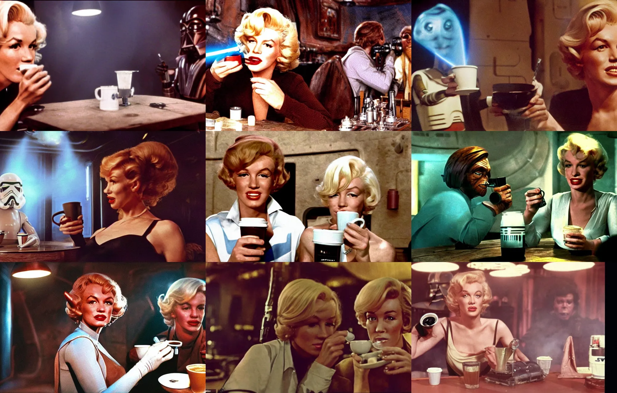 Image similar to A long-shot, color cinema film still of a Marlin Monroe drinking coffee in the Mos Eisley's Tavern, Two aliens around, misty, studio lighting; from Star Wars(1977)