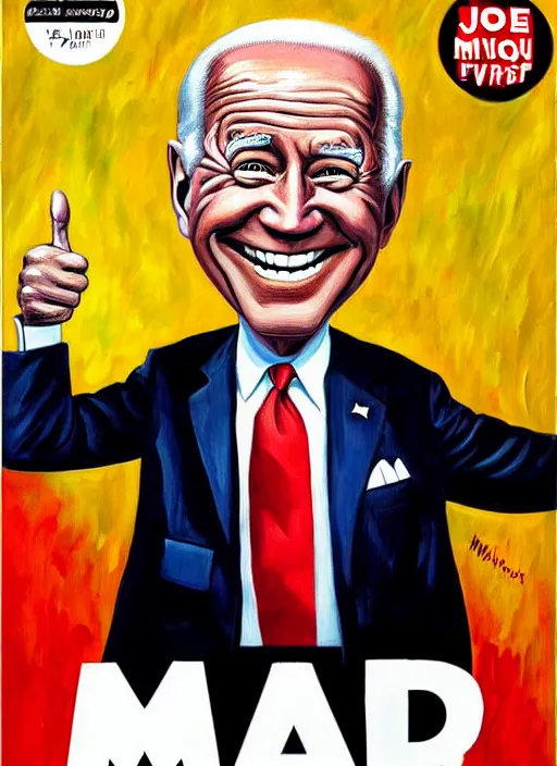 Prompt: mad magazine cover, norman mingo painting, joe biden smiling, thumbs up, exaggerated proportions, caricature, realistic! ( painterly ), visible brush strokes, vintage, hd, crisp