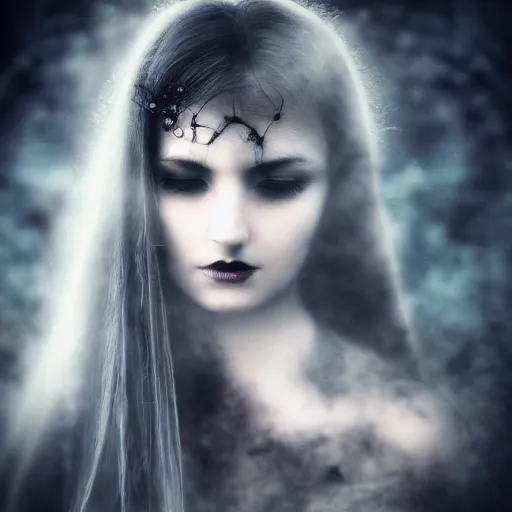 Prompt: the dark goddess of eternal night, beautiful, 8k, ethereal, cinematic, unearthly, moody, atmospheric, gothic, portrait, photomanipulation