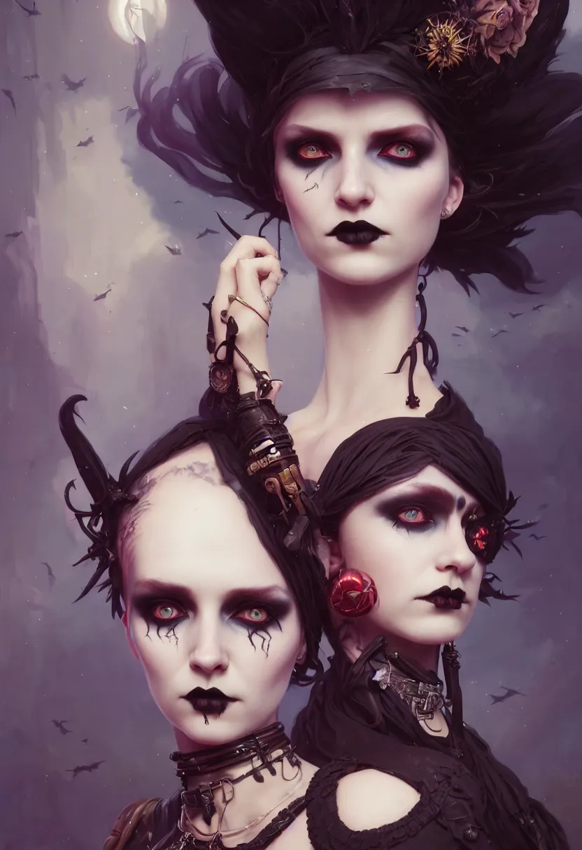 Image similar to beautiful portrait, goth girl, piercings collar, mohawk hairstyle, medieval dress. witch, makeup. unreal engine, greg rutkowski, loish, rhads, beeple, tom bagshaw, alphonse mucha, global illumination, detailed and intricate environment