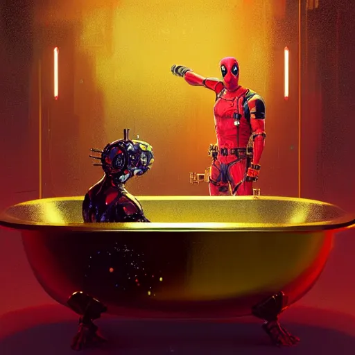 Image similar to Deadpool bathing in a gold tub, futuristic neon, decorated with traditional Japanese ornaments by Ismail inceoglu dragan bibin hans thoma greg rutkowski Alexandros Pyromallis Nekro Rene Maritte Illustrated, Perfect face, fine details, realistic shaded, fine-face, pretty face