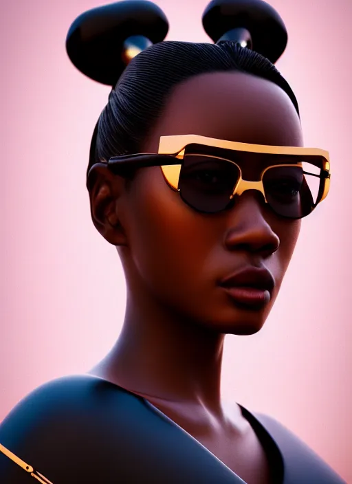 Prompt: attractive female portrait of african samurai, wearing shades, wearing gui, amber sky cloud background, rule of thirds, uplight, intricate, symmetrical!!, depth of field, cinematic, filmic, vsco, concept art, artstation, digital painting, elegant, epic, focus, octane render, vray render, arnold render,